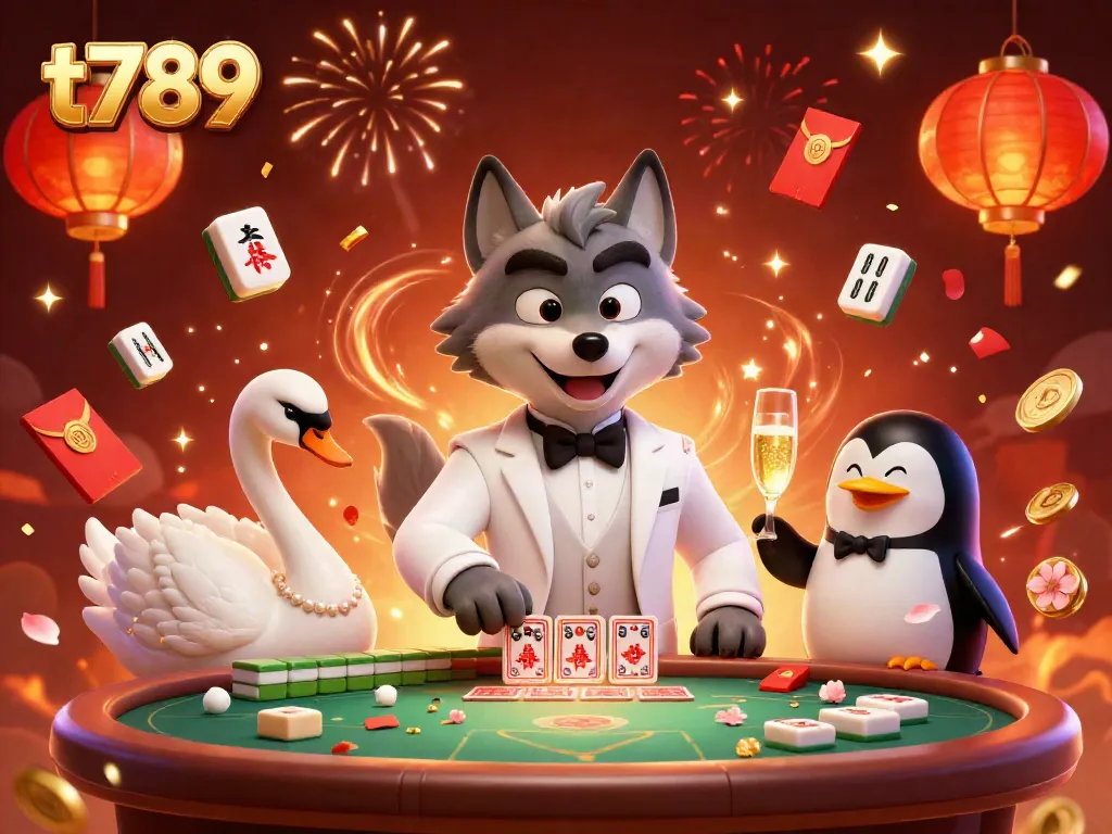 Engage in thrilling baccarat at t789 with a charming wolf, elegant swan, and sophisticated penguin, illuminated by vibrant decorations.