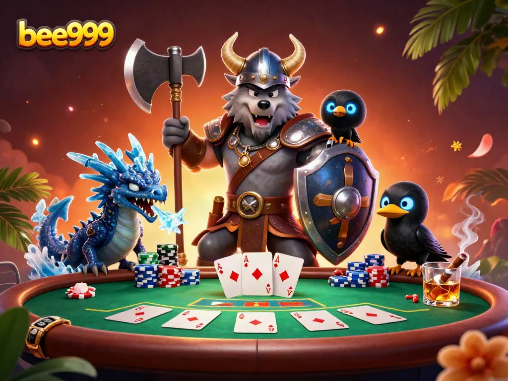 Experience thrilling poker entertainment with bee999 in this dynamic 3D illustration featuring key characters and poker elements.