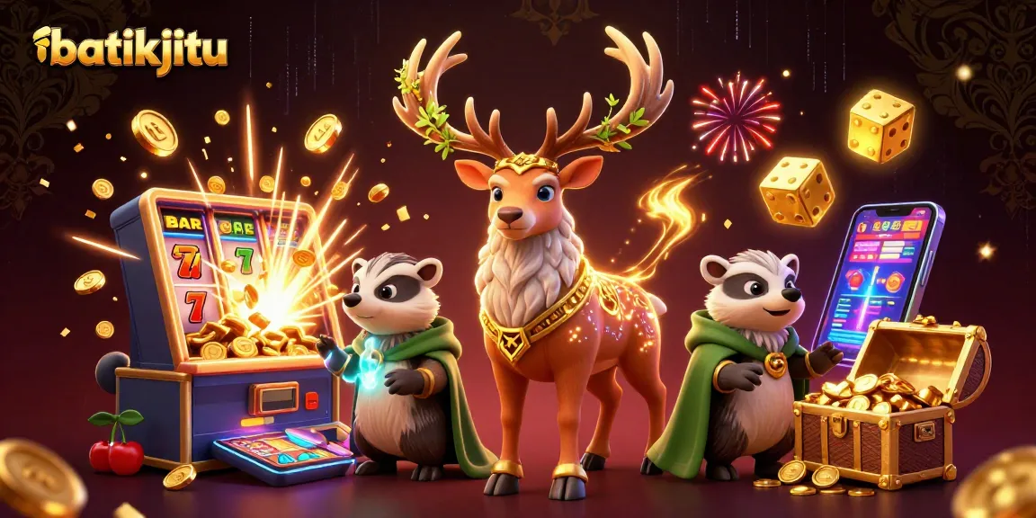 Bermain di batikjitu untuk menang dengan jackpot, simbol BAR dan lucky 7 berserakan di latar belakang yang menarik.