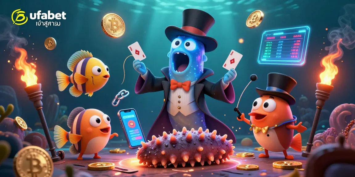Engage with ufabet เข้าสู่ระบบ through this vibrant 3D scene showcasing unique underwater characters and gambling elements.