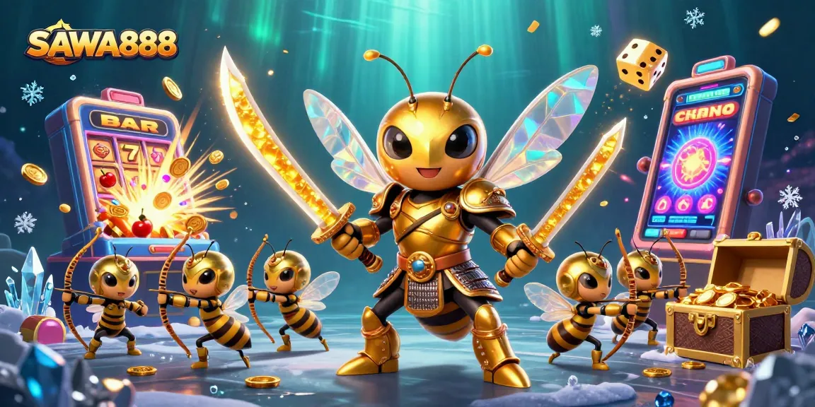 SAWA888 showcases thrilling jackpot slots with a vibrant golden hornet warrior and bee archers in action.