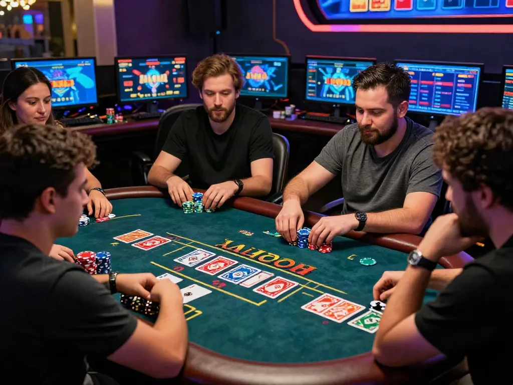 Exciting online ALO8 gaming scene with diverse players at a digital poker table.