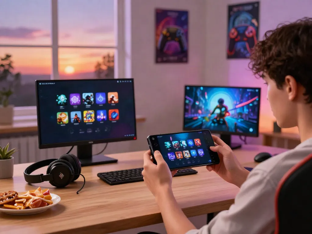 Person gaming on Yono Games app with vibrant icons and cozy atmosphere.