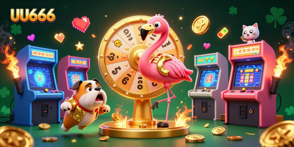 UU666 prizes revealed by a scoreboard cat in a vibrant casino scene with colorful arcade machines.