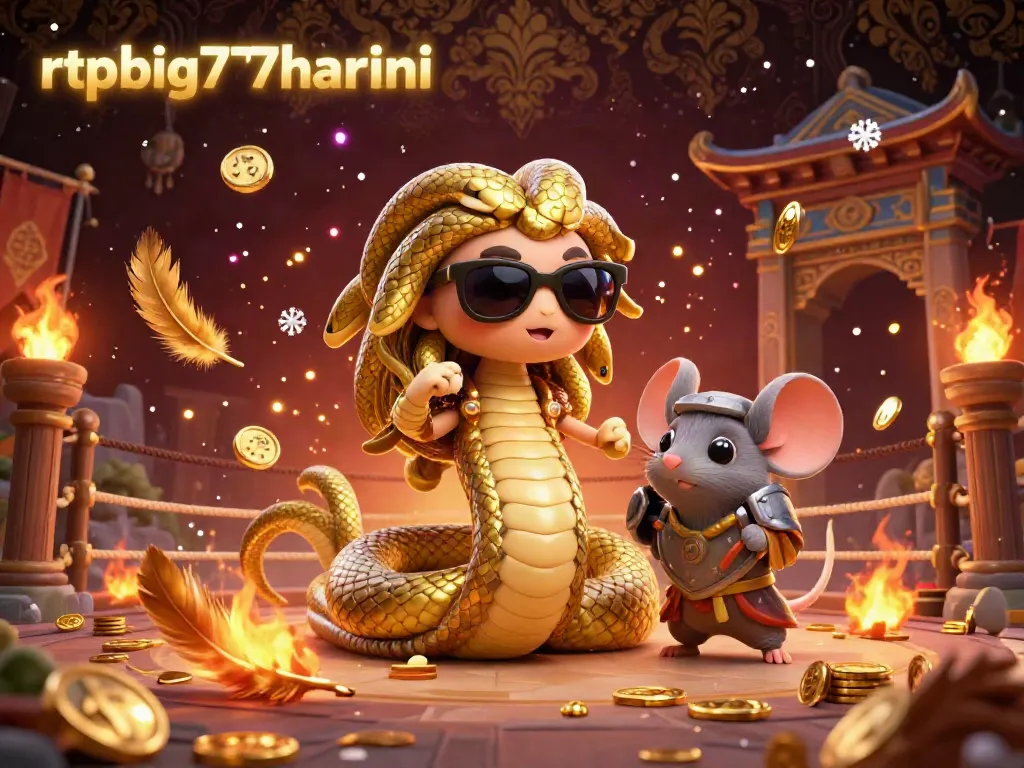 Experience the excitement of rtpbig777hariini with Medusa and a warrior mouse in a vibrant casino battle.
