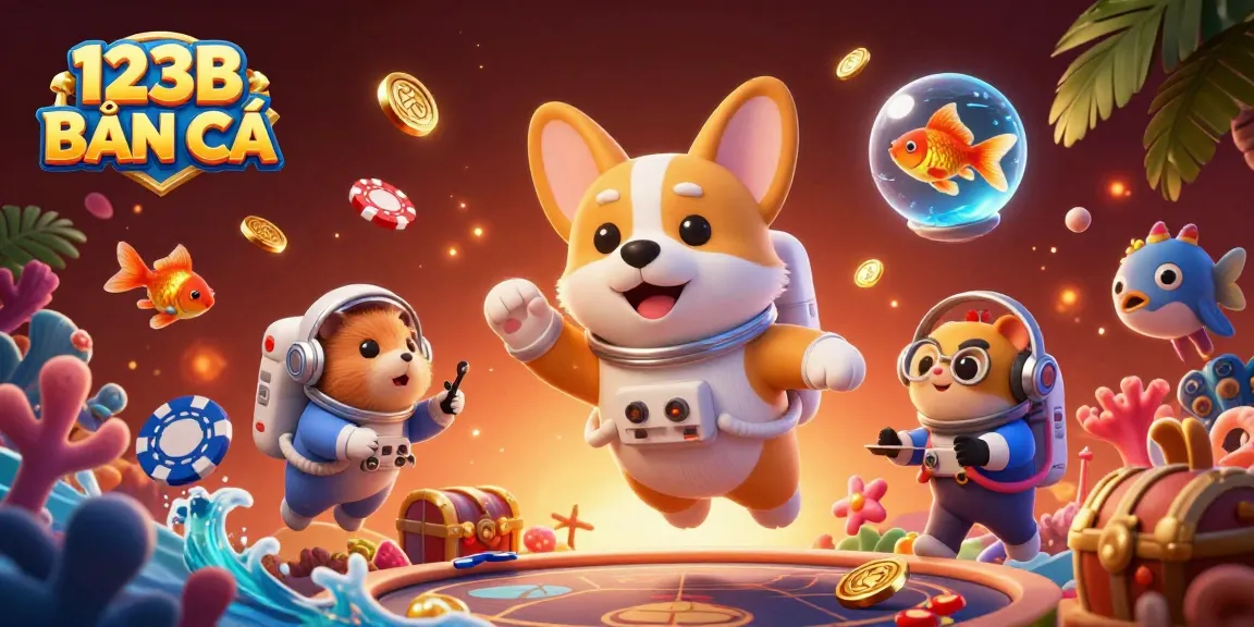 Capture thrilling moments with 123B BẮN CÁ as corgi astronaut floats in a vibrant casino space.