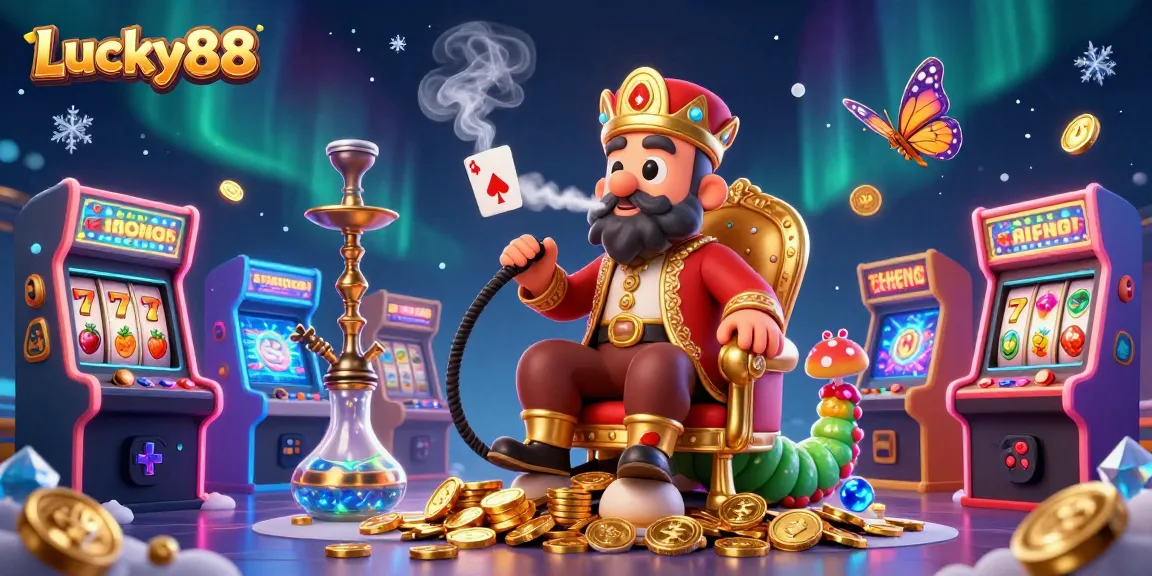 Play Lucky88 in an enchanting casino scene featuring a whimsical caterpillar and vibrant games.
