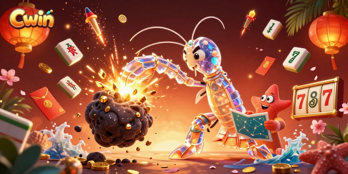 Cwin casino scene featuring a galactic mantis shrimp amidst gems and coins, surrounded by slot elements and vibrant decorations.