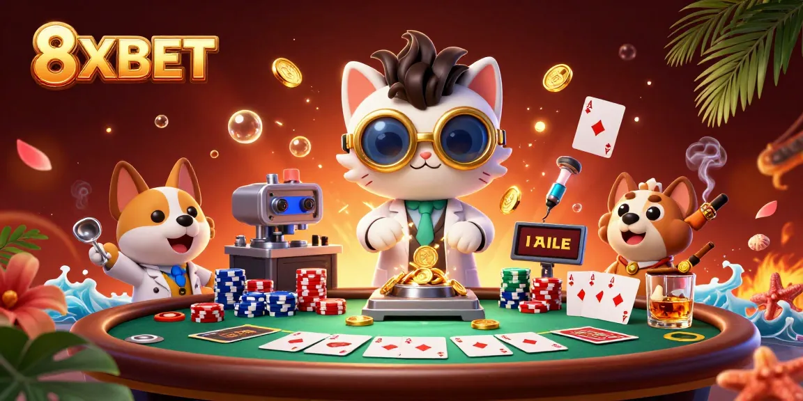 Engage in thrilling gameplay at 8XBET with a vibrant casino scene featuring dynamic poker elements.
