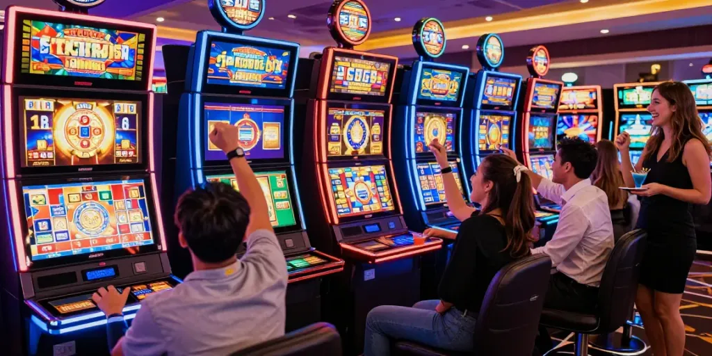 A group of friends celebrating a win on a slot gacor machine in a vibrant casino atmosphere.