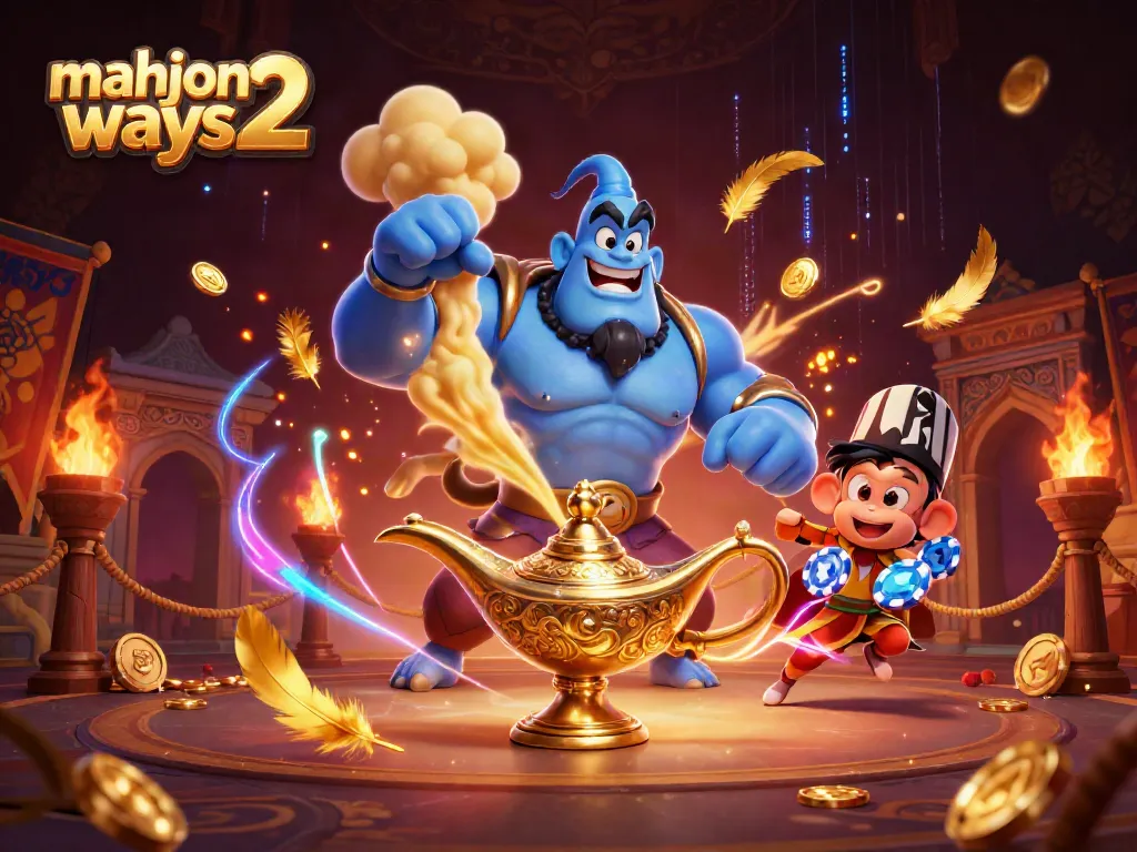 Play Mahjong Ways 2 with a vibrant genie scene featuring golden coins and dynamic casino elements.