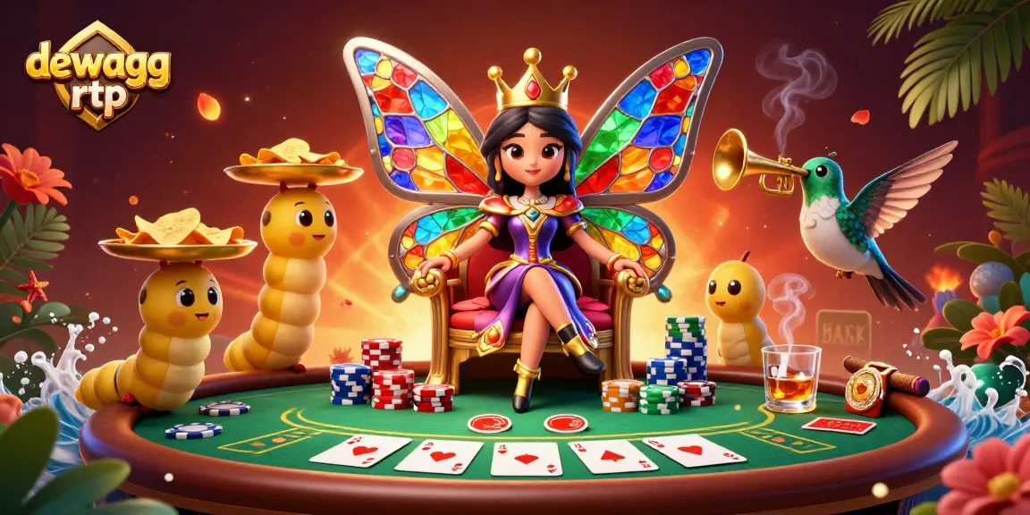 Win big with dewagg rtp in an enchanting casino scene featuring a butterfly queen and poker action.