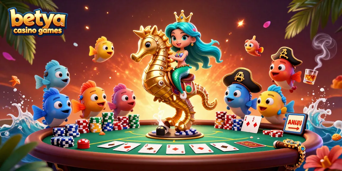 Engage with betya casino games in this vibrant illustration featuring poker, mermaid, and seahorse.