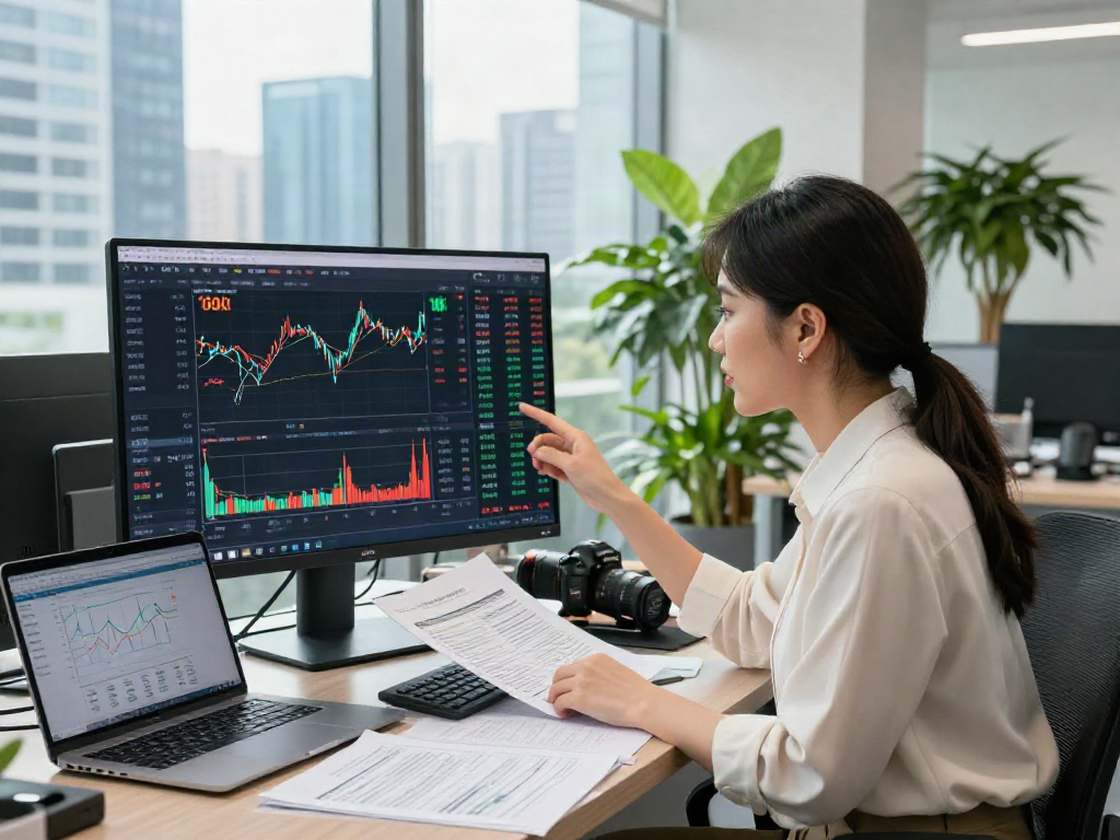 A financial analyst reviewing depo 10k investment data in a modern office setting