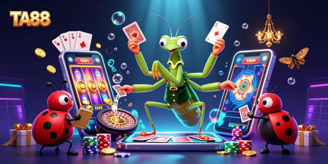 Engage with the TA88 casino scene featuring a giant card-sharp mantis, ladybug pit boss, dynamic game elements, and rich details.