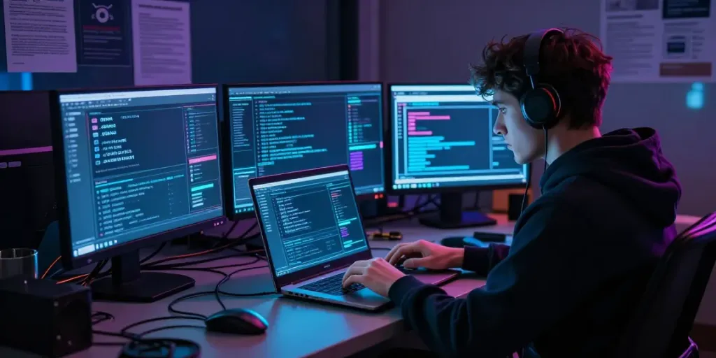 Person analyzing .onion sites in a cyber workspace, showcasing the hidden wiki ecosystem.