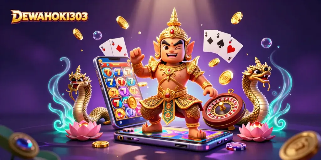 DEWAHOKI303 meriahkan permainan slot online dengan pahlawan berkostum emas dan efek cahaya menarik.