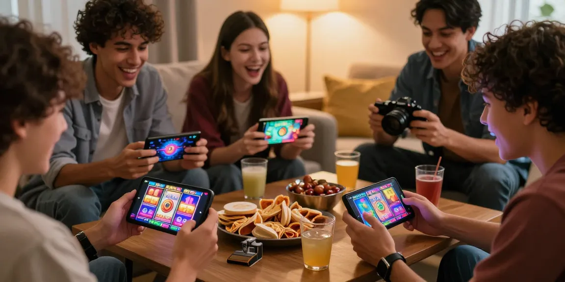 Engaging friends playing on Slots PK APK from https://slotspk.com.pk/ in a lively living room.