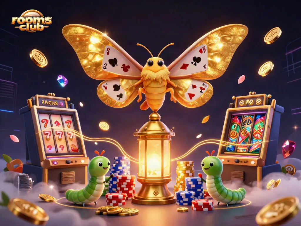 Menghadirkan aksi permainan slot di rooms-club dengan ilustrasi 3D kupu-kupu atlas yang megah di tengah tumpukan koin emas.