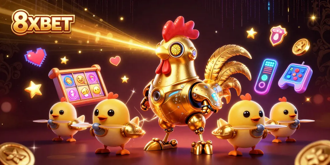 8XBET showcases a vibrant gaming experience with colorful slot machines and dynamic robotic characters.