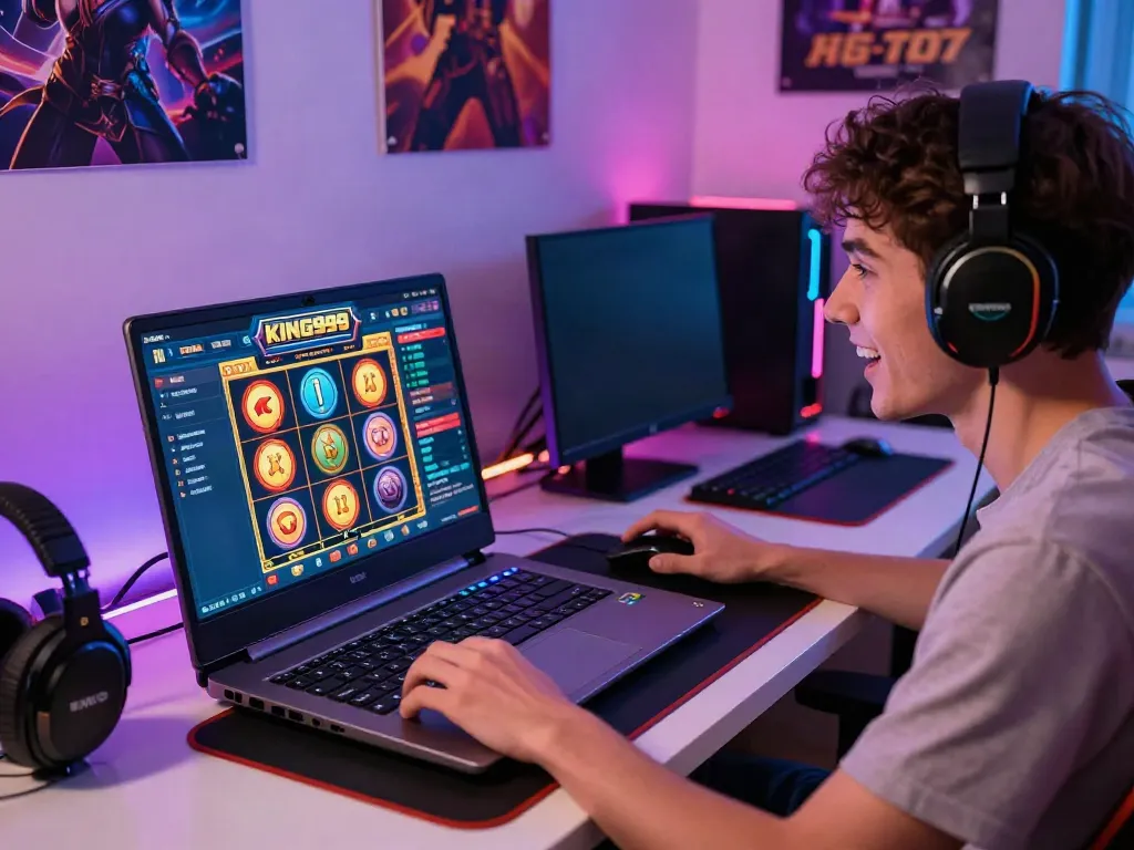 Exciting online gaming scene featuring KING999 slot game on a vibrant desk setup.