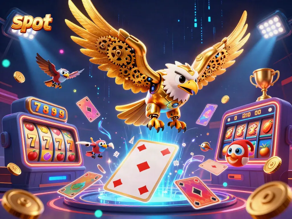 Experience thrilling slot action with a golden eagle diving through holographic cards, symbolizing jackpot excitement.