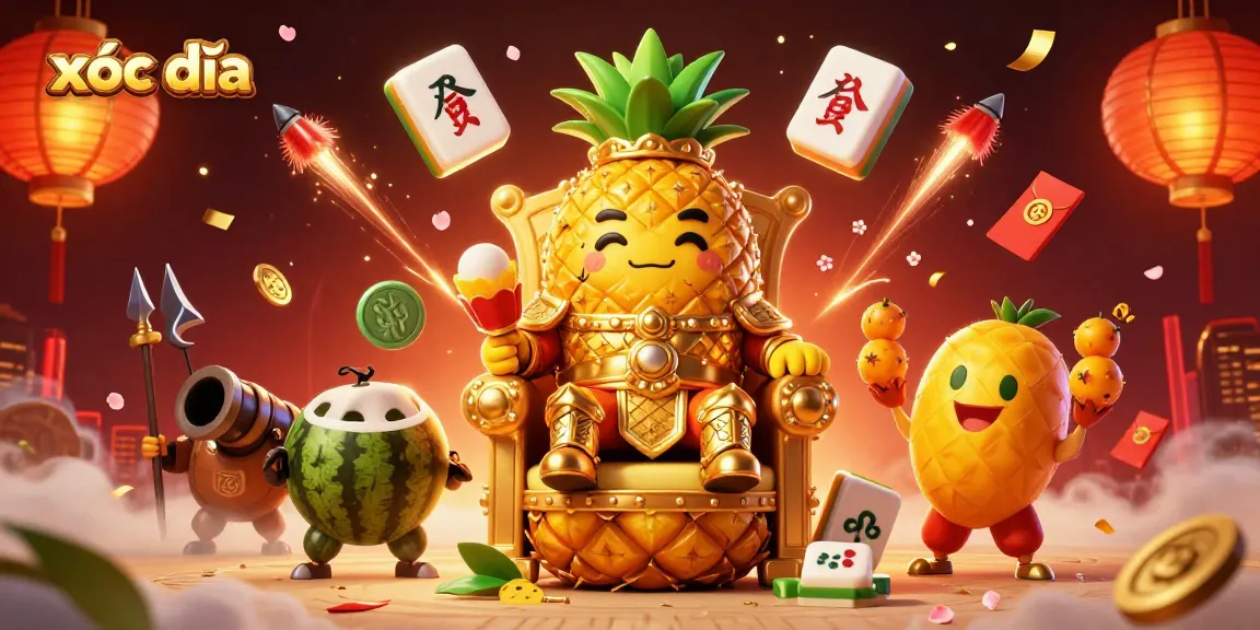 Xóc đĩa illustration featuring a golden pineapple king and vibrant casino elements for immersive gameplay.