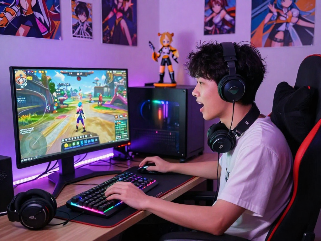 Excited gamer enjoying a hentai game in a colorful anime-themed room