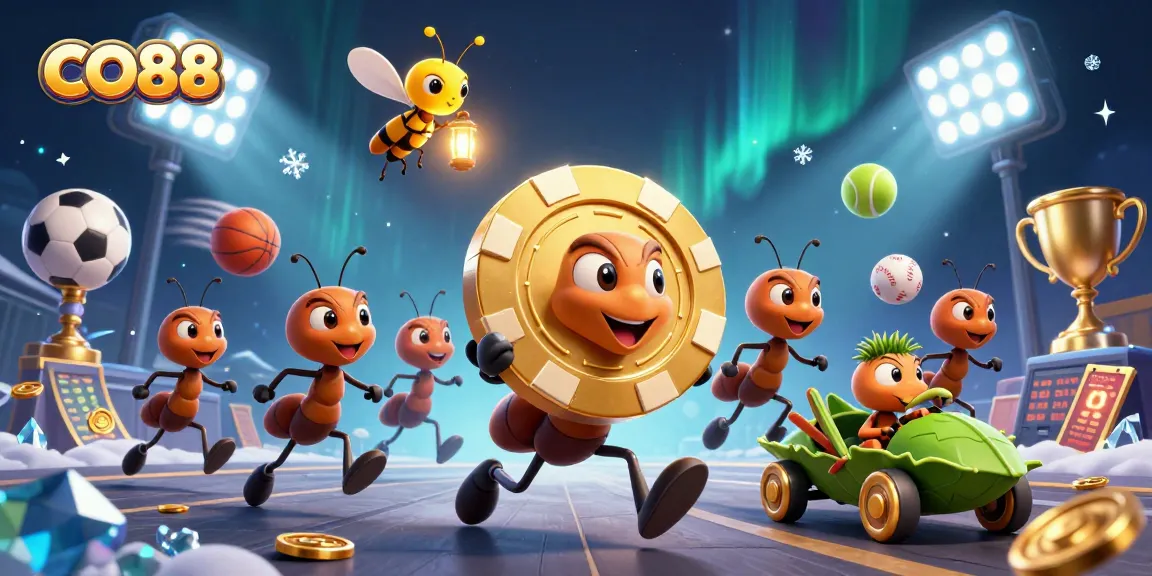 Experience CO88 excitement with ants carrying a giant poker chip, surrounded by sports imagery.