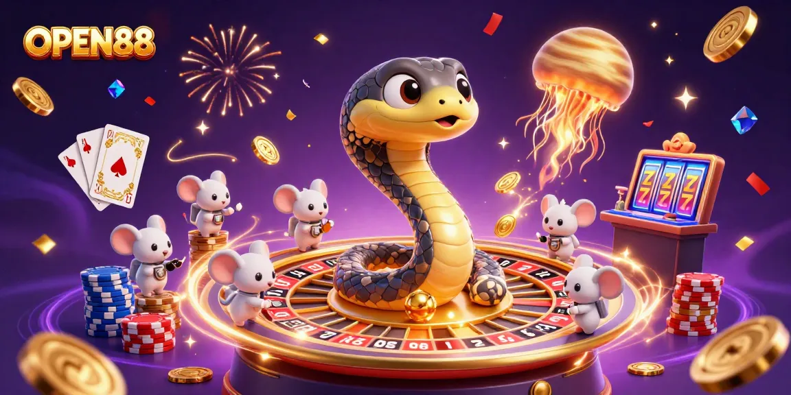 Experience the excitement of OPEN88 with a cartoon Saturn snake and astronaut mice betting in a casino scene.