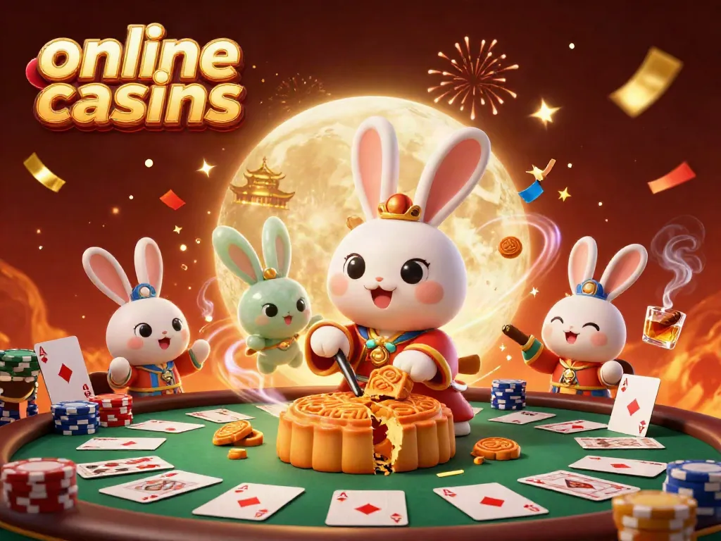 Experience thrilling moments with online casinos through a 3D moon rabbit scene revealing poker chips.
