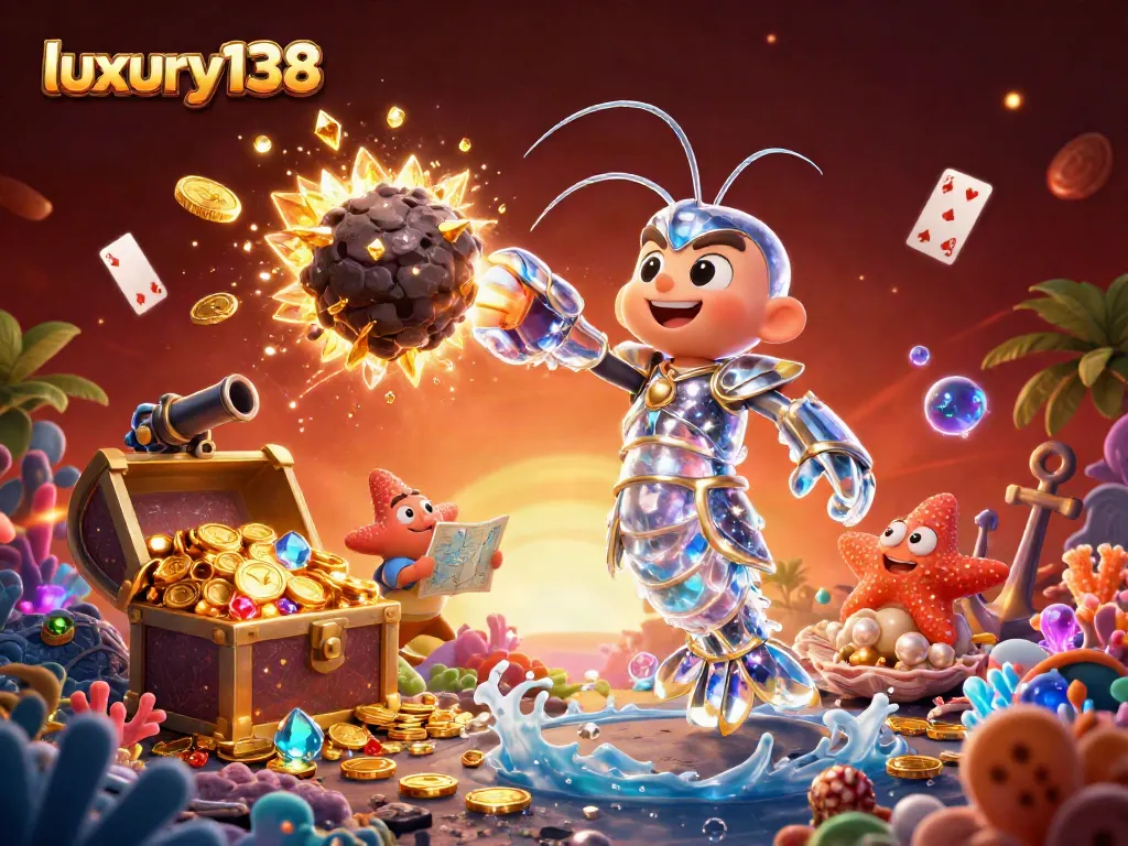 Engage with luxury138 in thrilling slot games, amidst a vibrant 3D casino scene with treasure.