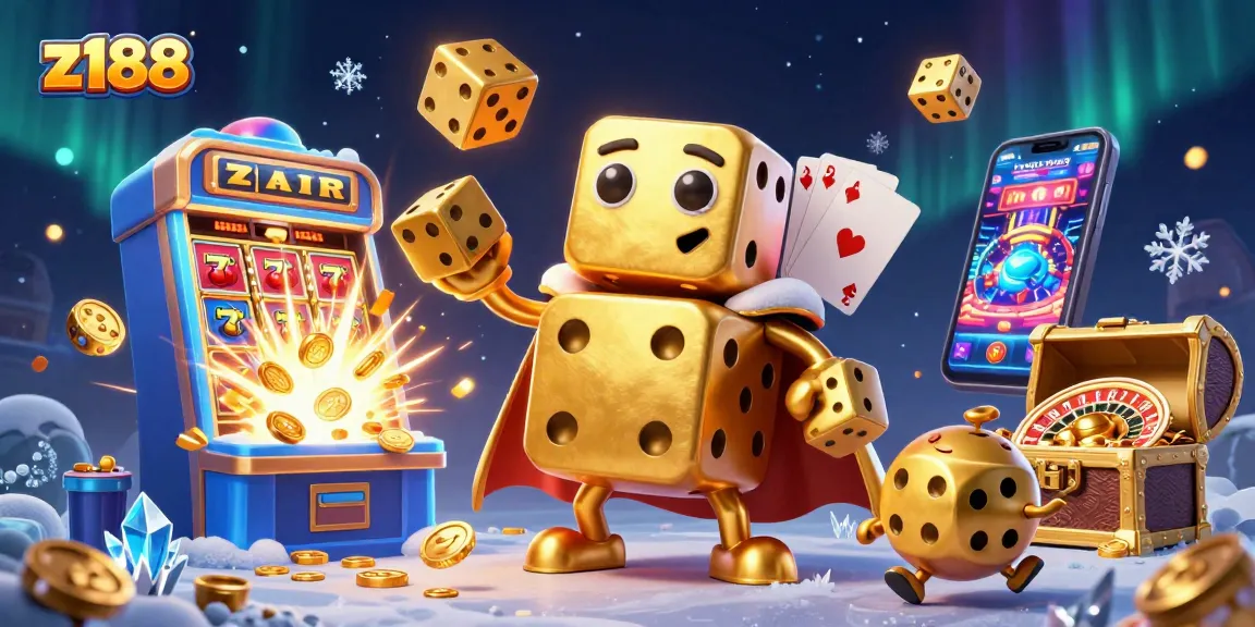 Experience thrilling games at z188 with golden dice, slot machines, and vibrant casino scenes.