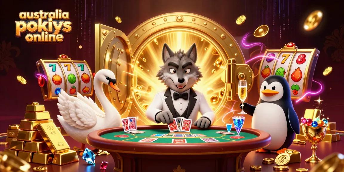 A stunning 3D illustration of a wolf, swan, and penguin celebrating australia pokies online with luxurious gold elements.