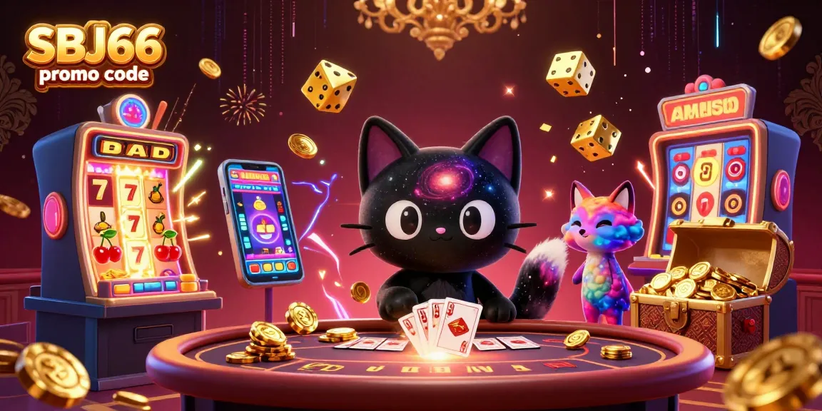Enticing cosmic scene with SBJ66 promo code, featuring a black hole cat and colorful fox at a live casino.