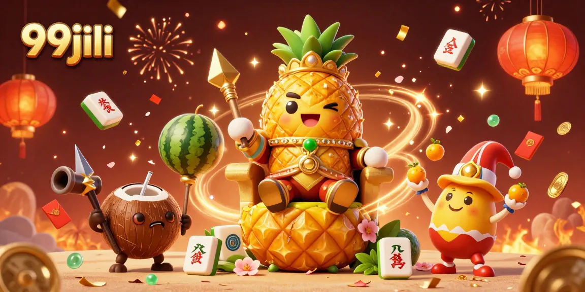 Engaging scene showcasing the golden pineapple king and friends at 99jili's vibrant casino celebration.