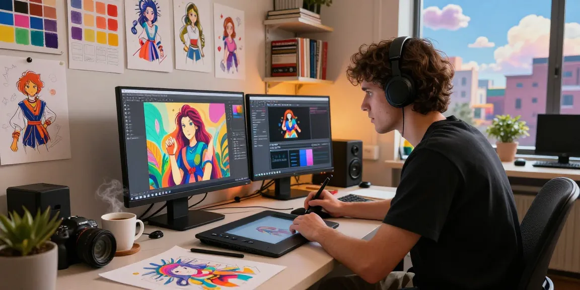Engaging artist designing NSFW AI characters in vibrant studio.