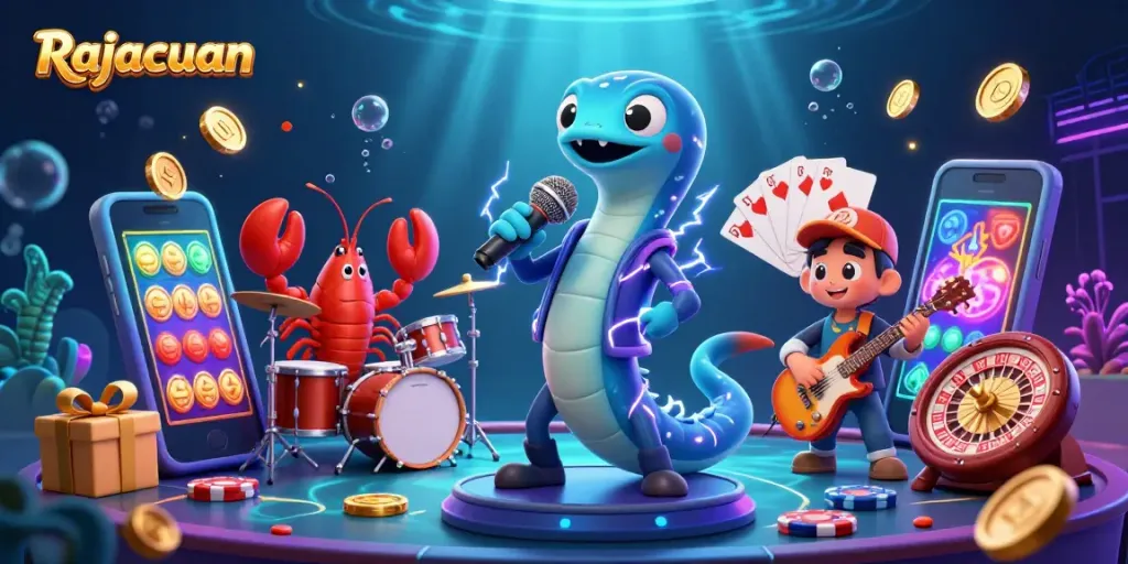 Rajacuan features a lively underwater casino scene with a DJ eel and band, enhancing gaming excitement.