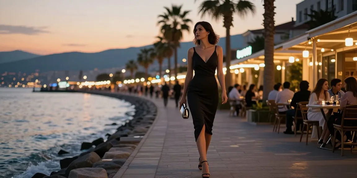 Stylish escort in Batumi walking along the waterfront promenade at twilight, showcasing elegant nightlife.