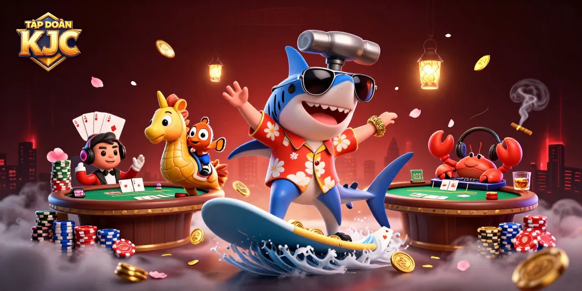 TẬP ĐOÀN KJC showcases an engaging scene with a hammer-head shark surfing gold coins and casino elements.