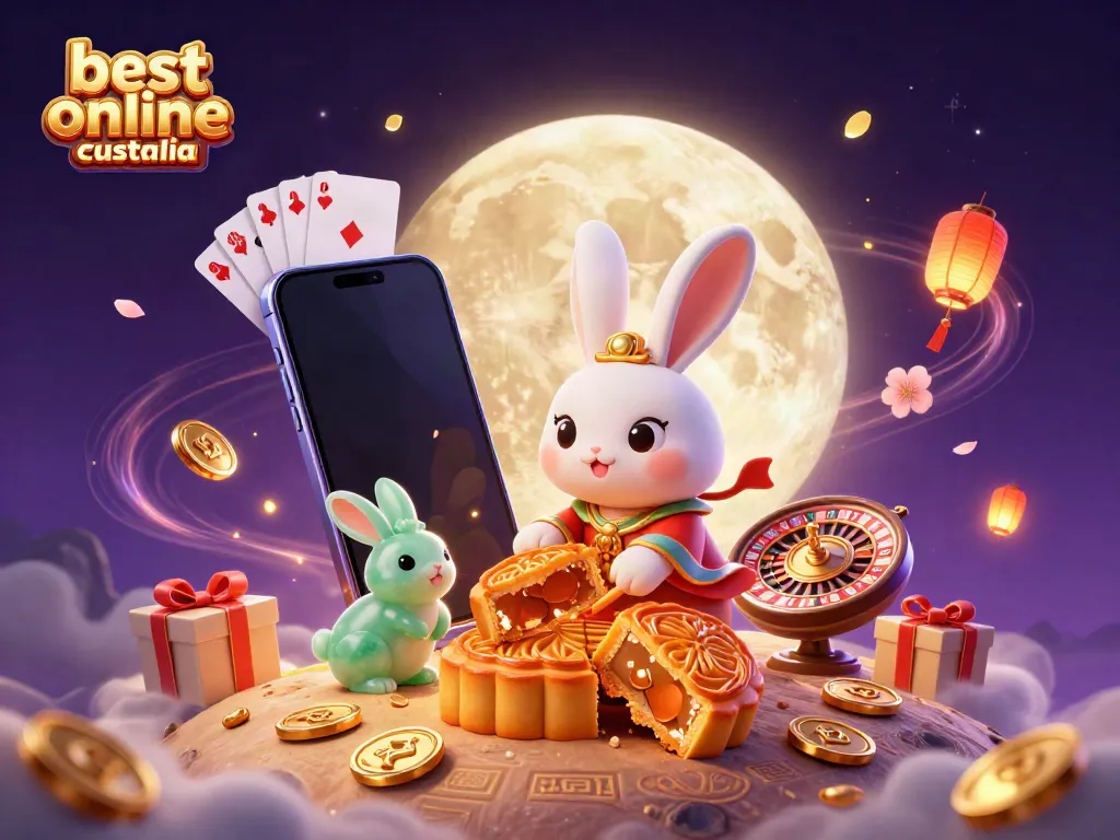Engage with the best online casino Australia featuring a moon rabbit, poker chips, and golden moons.