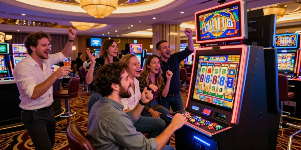 Excited friends playing slot888 machine in a lively casino setting.