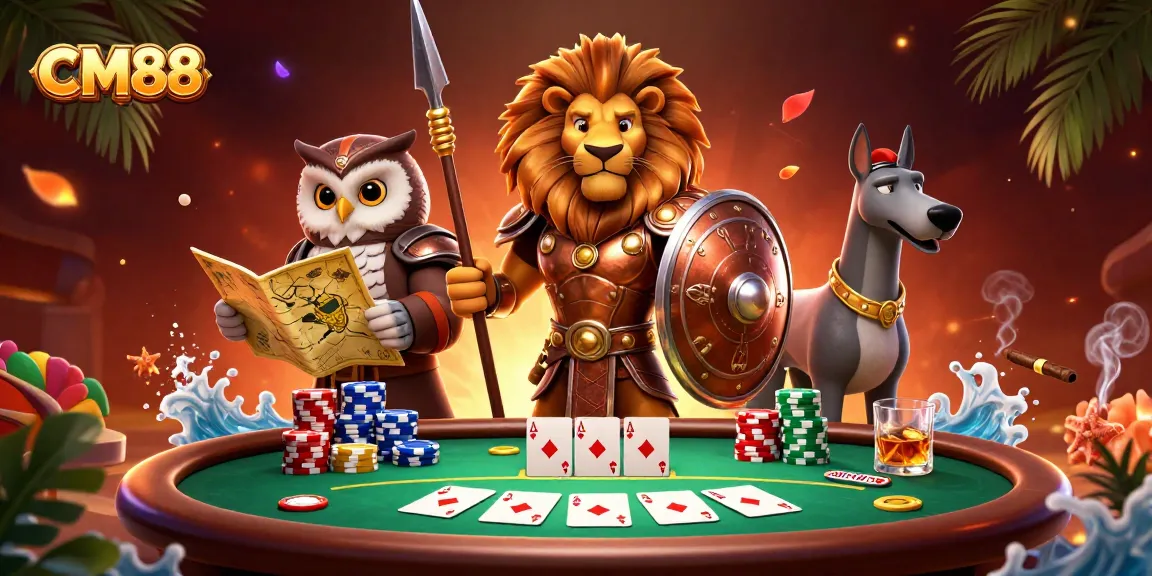 Play poker at CM88 with a heroic Spartan lion, owl strategist, and greyhound messenger.
