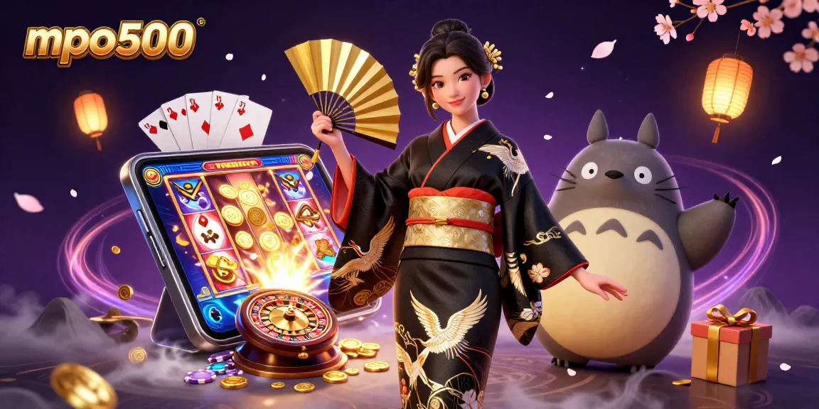 MPO500 showcases a stunning 3D scene with an Asian woman and tanuki amidst vibrant casino game elements.