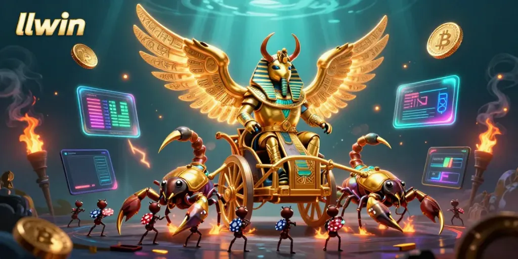 Engage in thrilling gameplay with llwin featuring a golden scarab beetle and dynamic casino elements.