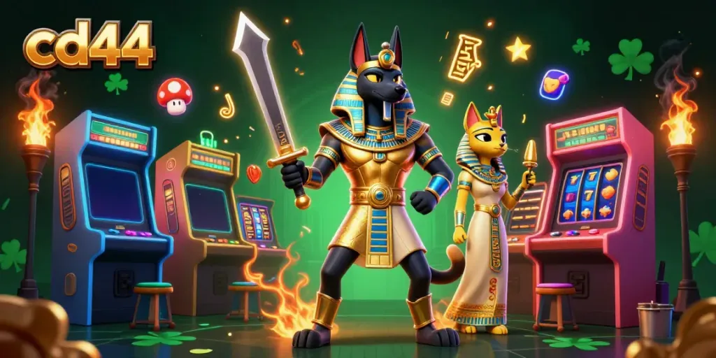 Experience cd44 with vibrant gaming elements, an Egyptian warrior, and thrilling slot machines.