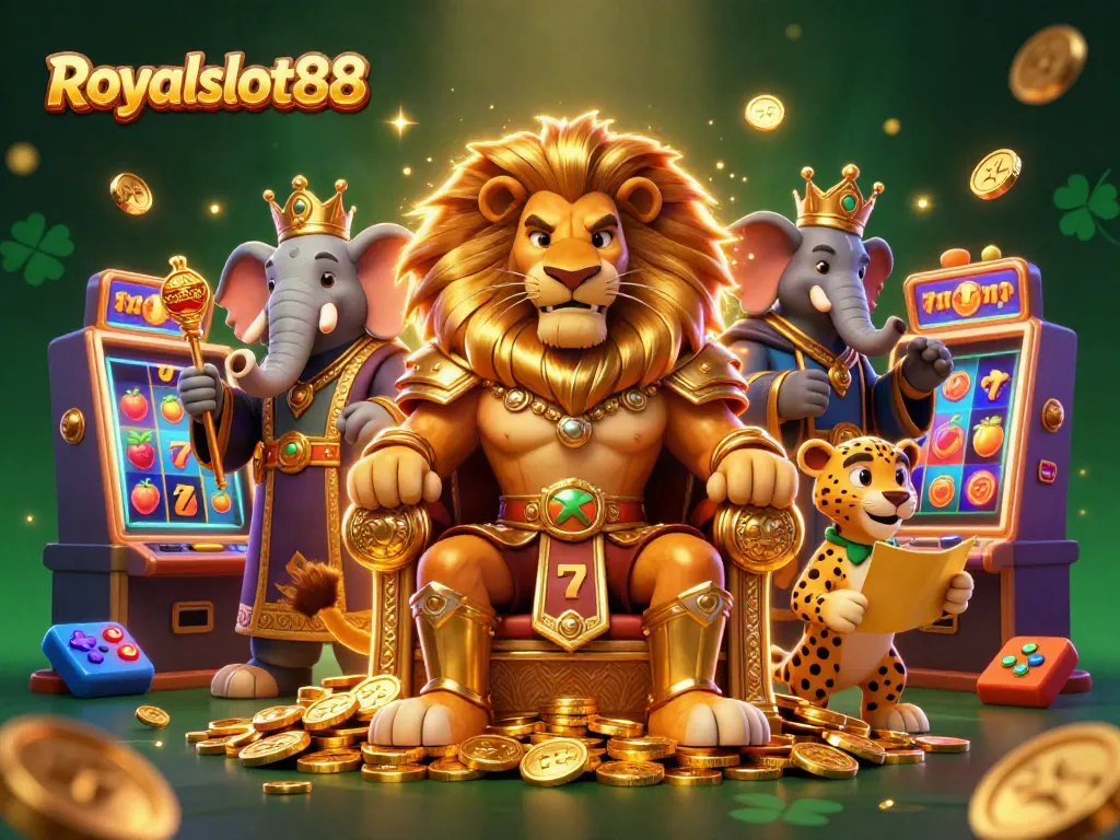 Royalslot88 menghadirkan raja singa dalam ilustrasi slot kasino dengan elemen permainan yang menampilkan semangat dan kemewahan.