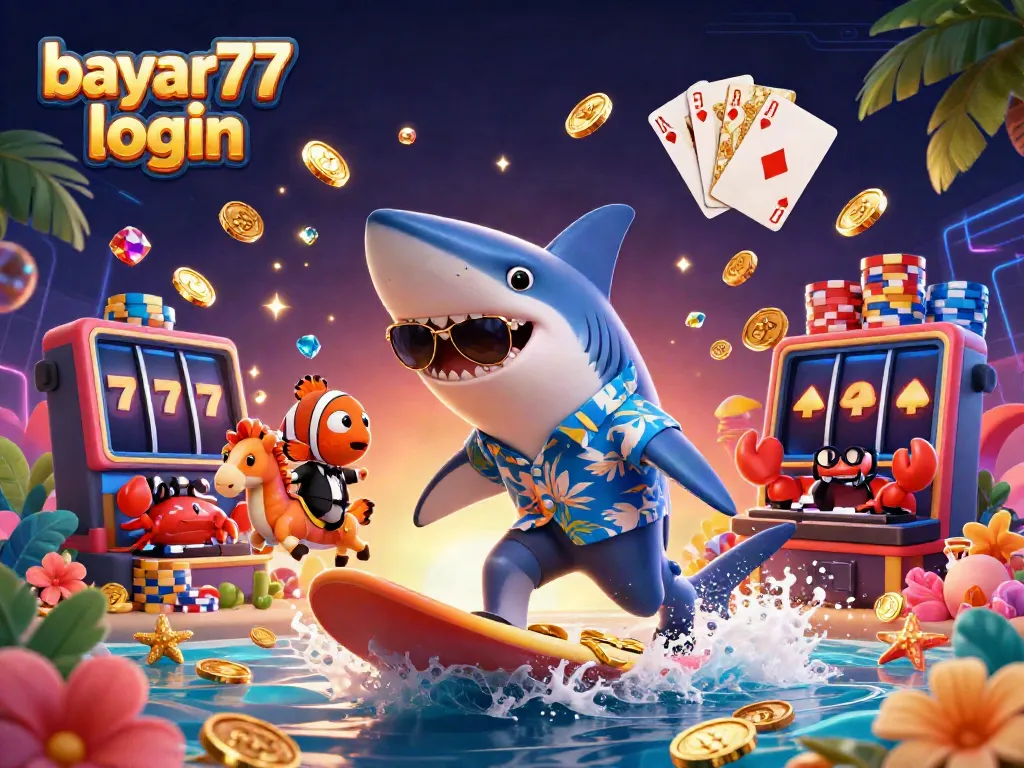 Engage with bayar77 login featuring a shark on gold coins and vibrant casino elements, showcasing excitement.