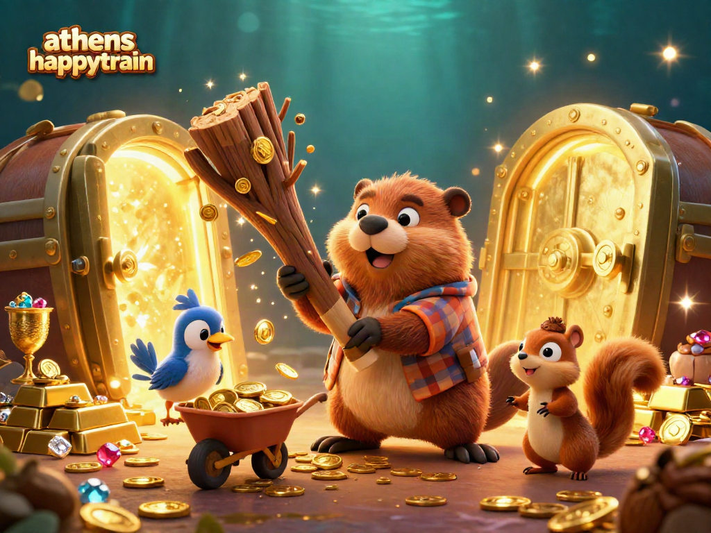 Experience excitement with athenshappytrain, as a lumberjack beaver cuts a tree raining coins in a vibrant casino scene.