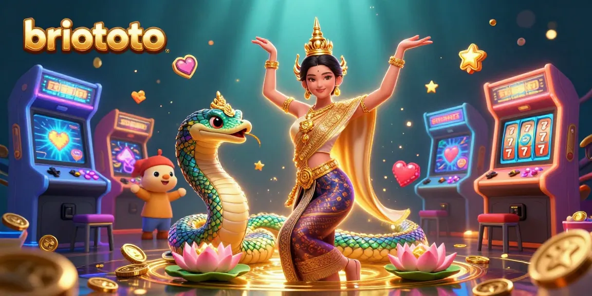 Briototo's vibrant lottery scene showcases an Asian dancer, Naga serpent, and slot machines, creating a thrilling atmosphere.